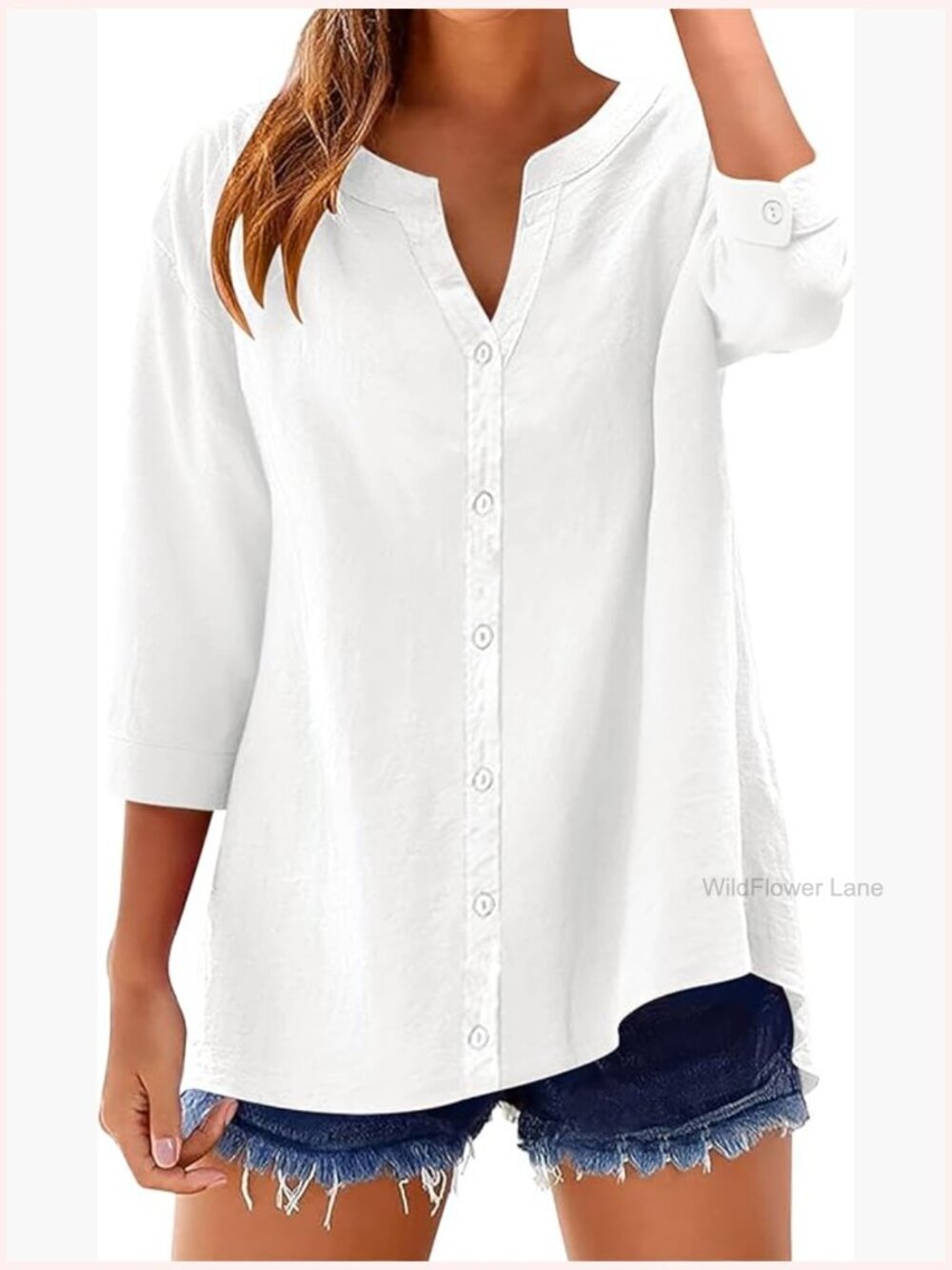 Cotton 3/4 Sleeve V-Neck Button Down Blouse Loose Fit